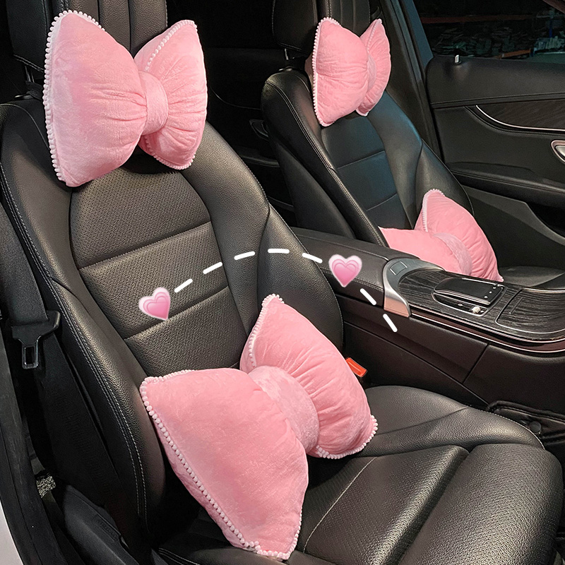 Soft Plush Car Headrest, Comfortable Lumbar Support Cartoon Bowknot Pillow for Car Interior and Winter Decoration