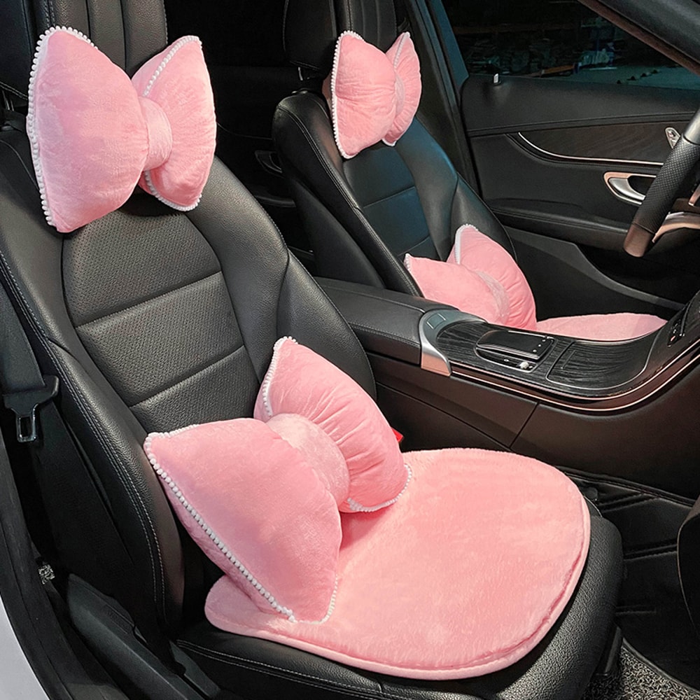 Soft Plush Car Headrest, Comfortable Lumbar Support Cartoon Bowknot Pillow for Car Interior and Winter Decoration