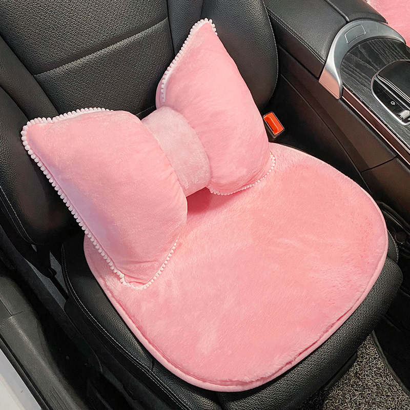 Soft Plush Car Headrest, Comfortable Lumbar Support Cartoon Bowknot Pillow for Car Interior and Winter Decoration