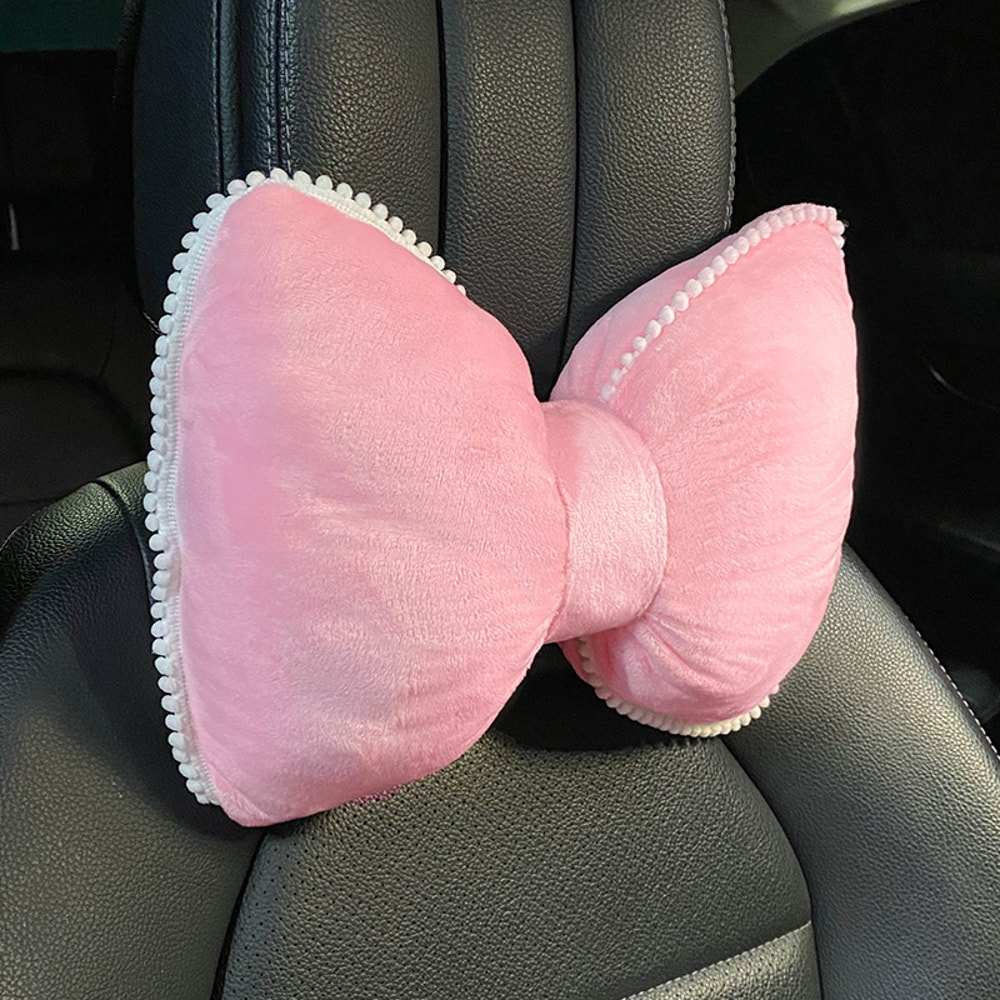 Soft Plush Car Headrest, Comfortable Lumbar Support Cartoon Bowknot Pillow for Car Interior and Winter Decoration