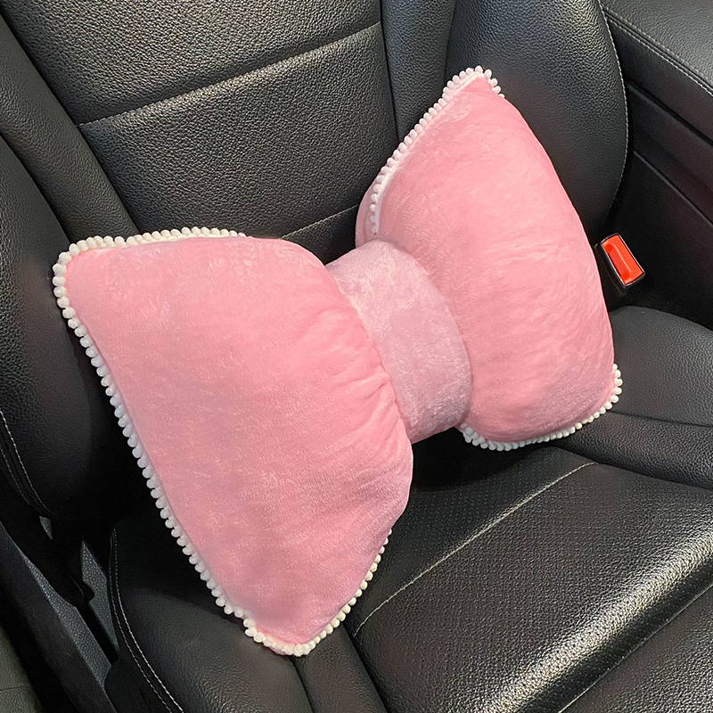 Soft Plush Car Headrest, Comfortable Lumbar Support Cartoon Bowknot Pillow for Car Interior and Winter Decoration