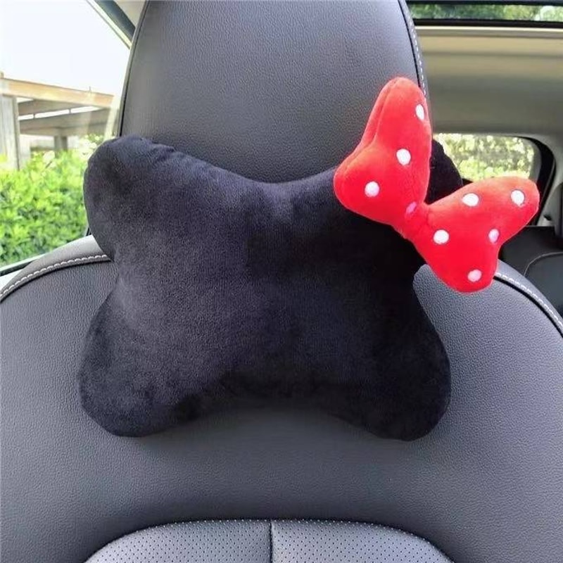 Soft Plush Car Headrest, Comfortable Lumbar Support Cartoon Bowknot Pillow for Car Interior and Winter Decoration