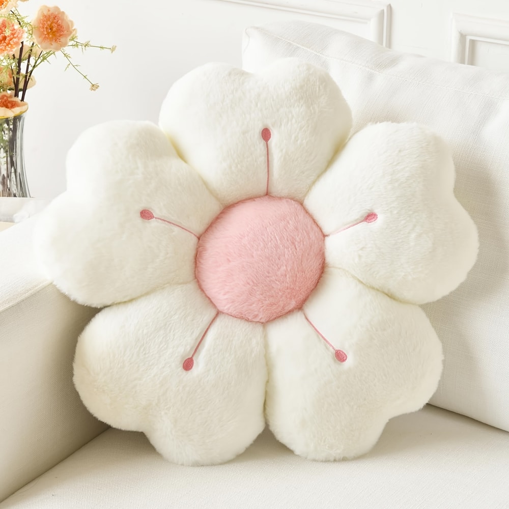Cozy Soft Plush Daisy Flower Throw Pillow, Decorative Cushion for Bed & Sofa, White/Pink, Beautiful Floral Design