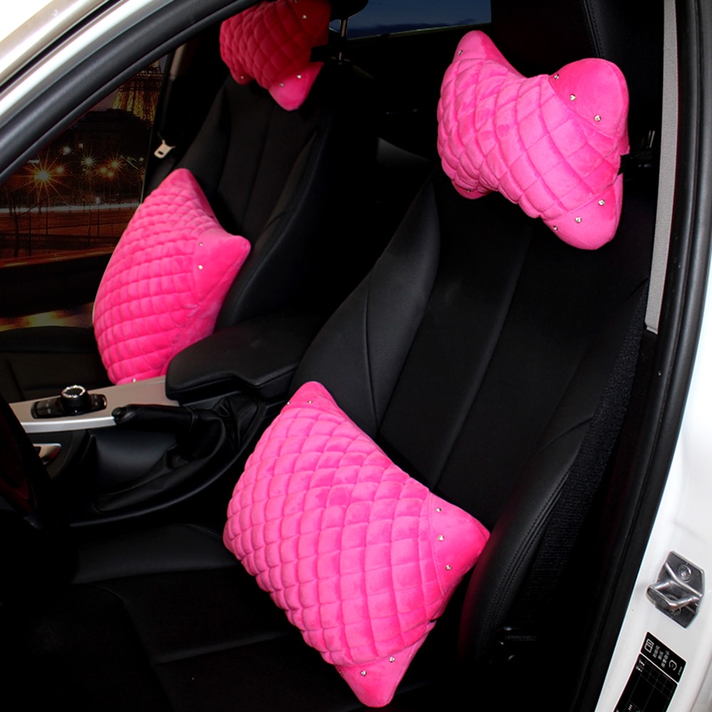 Auto Bone-Shaped Headrest, Pink Super Plush Car Neck Pillow, Seat Support Waist Pillows for Women Car Interior Accessori