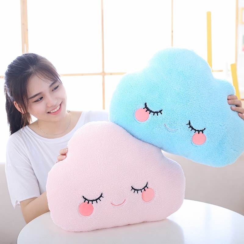 Soft Fluffy Star Cloud Moon Plush Pillow, Yellow Pink Blue Plushie Cushion, Shy Emotion Decoration
