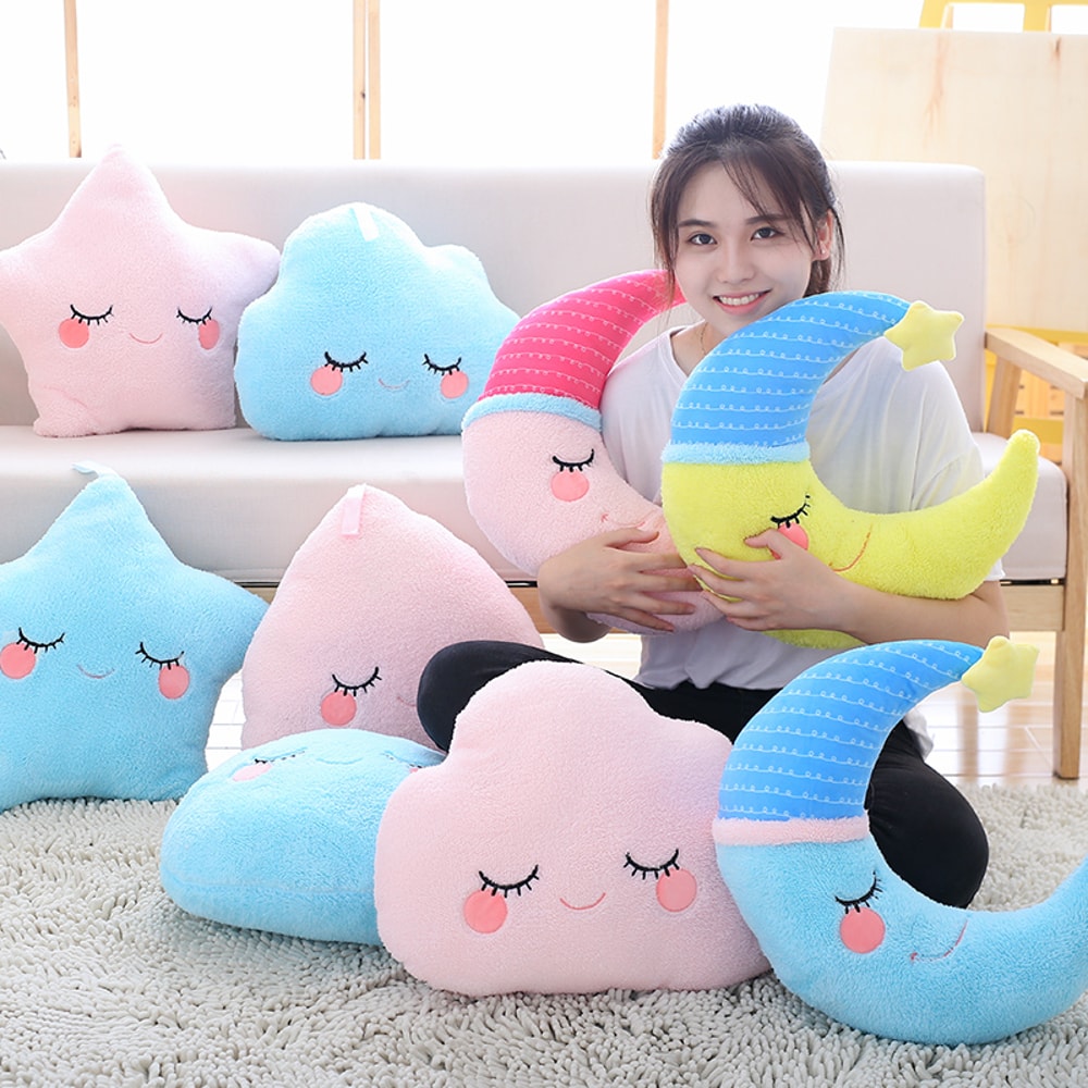 Soft Fluffy Star Cloud Moon Plush Pillow, Yellow Pink Blue Plushie Cushion, Shy Emotion Decoration