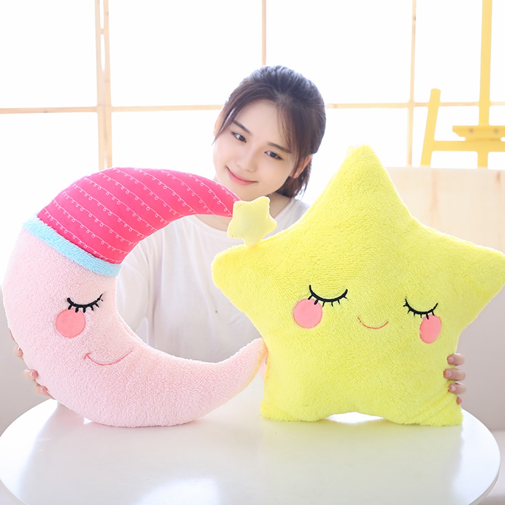 Soft Fluffy Star Cloud Moon Plush Pillow, Yellow Pink Blue Plushie Cushion, Shy Emotion Decoration