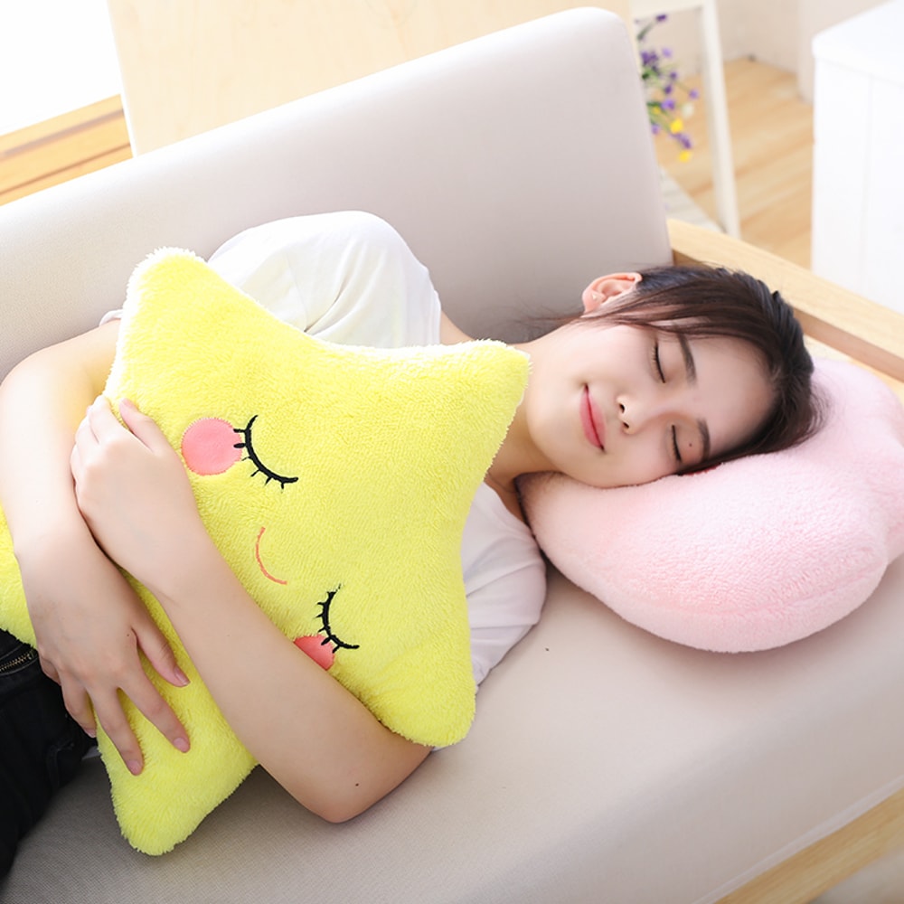 Soft Fluffy Star Cloud Moon Plush Pillow, Yellow Pink Blue Plushie Cushion, Shy Emotion Decoration