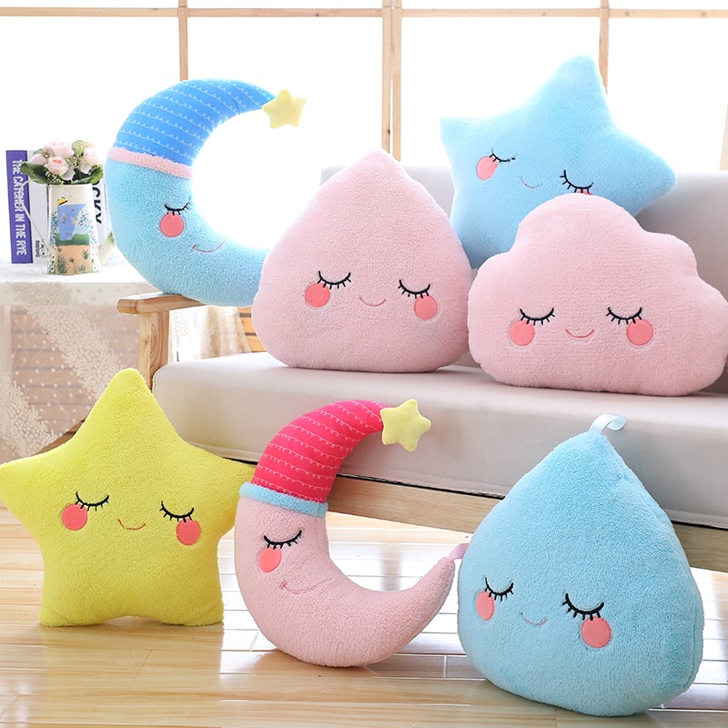 Soft Fluffy Star Cloud Moon Plush Pillow, Yellow Pink Blue Plushie Cushion, Shy Emotion Decoration
