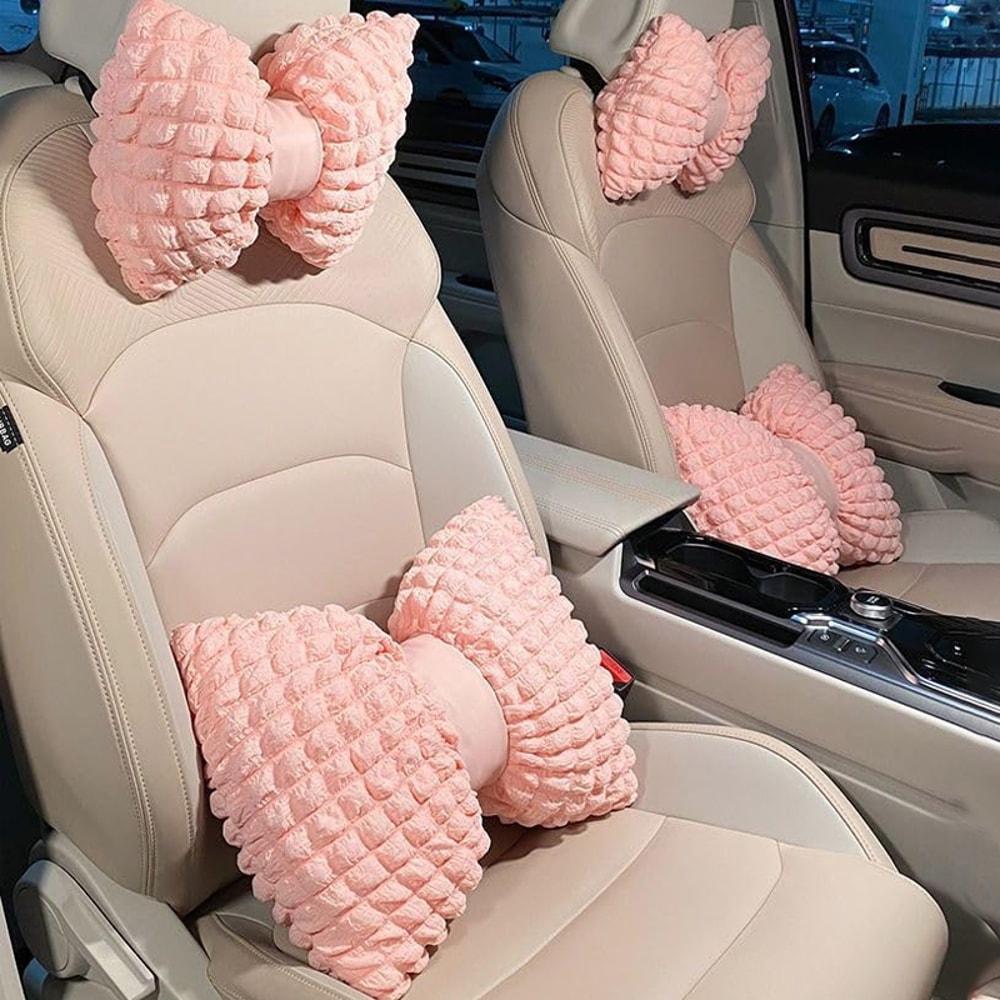 Cartoon Bowknot Car Waist Pillow Soft Pink Lumbar Support Headrest For Car Interior Decoration 0