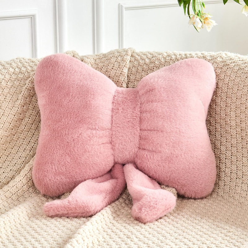 Cute Bow Throw Pillows Soft Bow Decorative Pillows With Faux Rabbit Fur Aesthetic Home Decor Bow 0