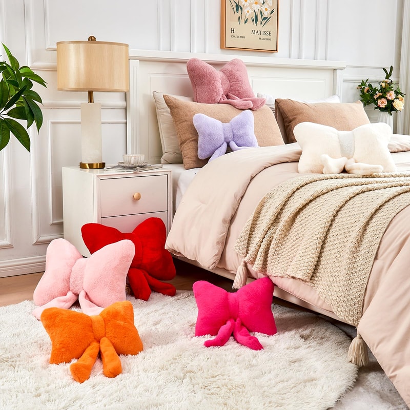 Cute Bow Throw Pillows Soft Bow Decorative Pillows With Faux Rabbit Fur Aesthetic Home Decor Bow 4
