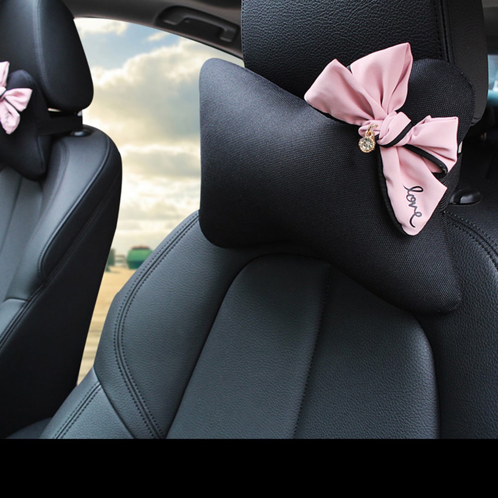 Pink Bow Universal Car Neck Pillow Four Seasons Ice Silk Waist Support Auto Seat Headrest Accessori 4