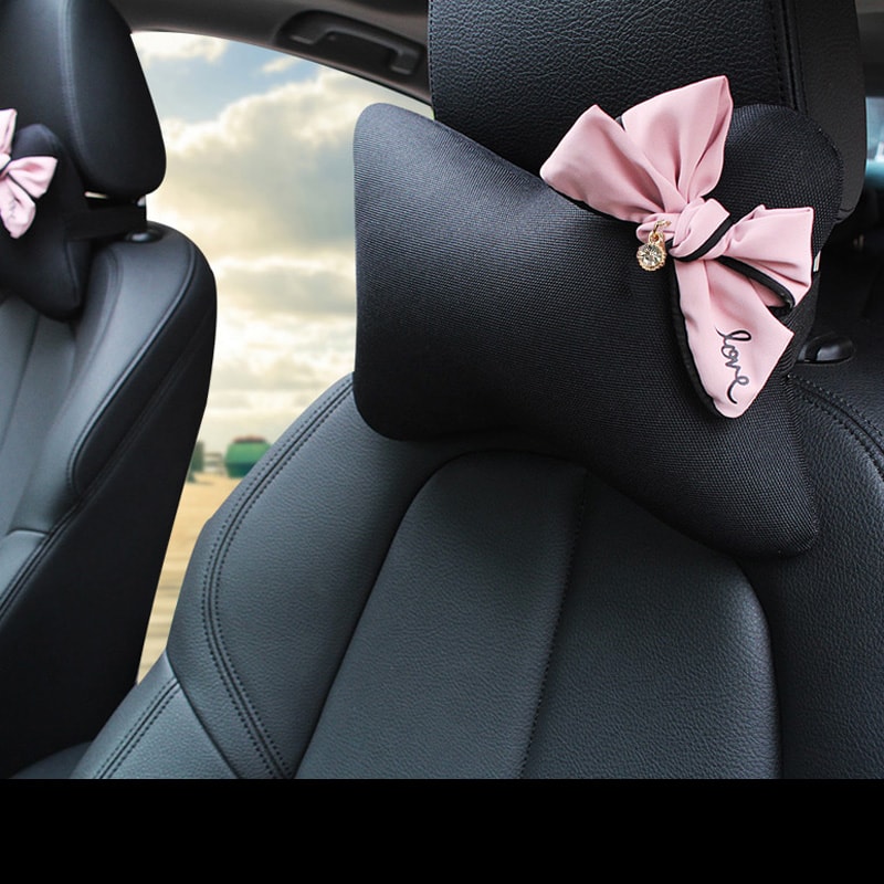 Pink Bow Universal Car Neck Pillow Four Seasons Ice Silk Waist Support Auto Seat Headrest Accessori 4