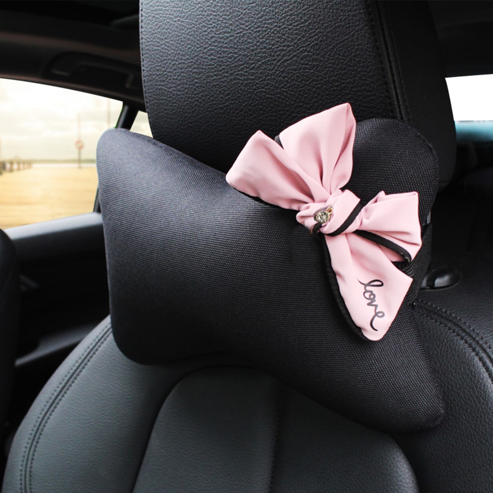 Pink Bow Universal Car Neck Pillow Four Seasons Ice Silk Waist Support Auto Seat Headrest Accessori 8