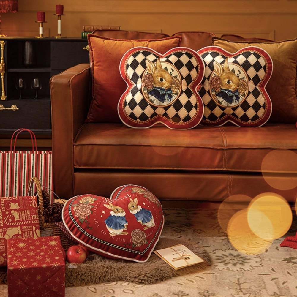 Chic Velvet Stuffed Soft Pillow For Sofa Joyful Red Check Heart Rabbit Cushion Throw Love Present C 1