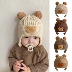 winter baby wool hat, cute bear ear protection, thickened korean knitted baby hat
