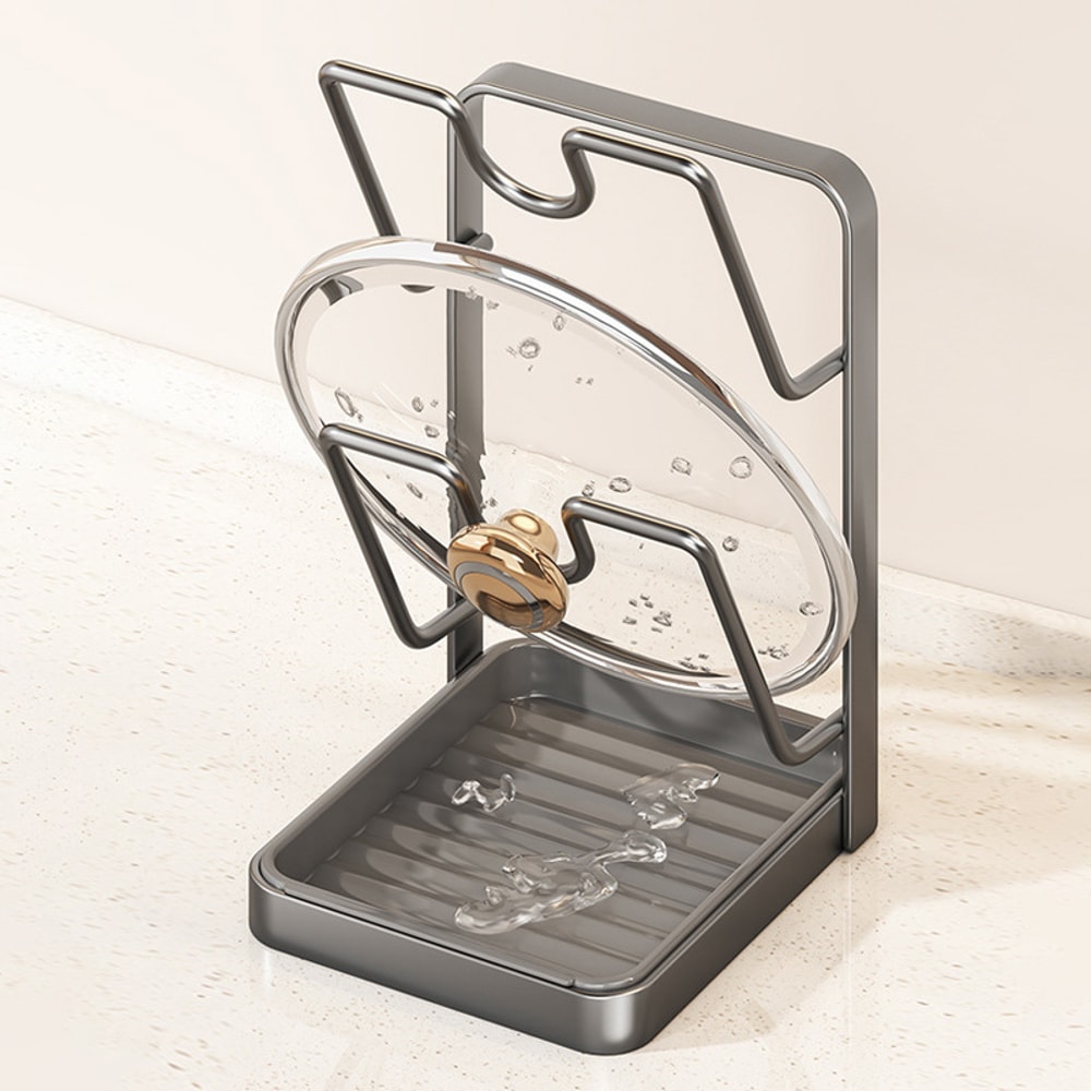 No Drill Kitchen Pot Lid Rack, Space Saving Countertop Organizer, Easy to Clean with Drainage Tray