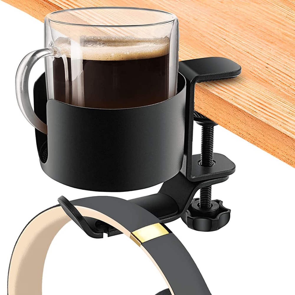 Desk Cup Holder with Headphone Hanger, Bottle Holder, Adjustable Arm Clamp, Headset Hook
