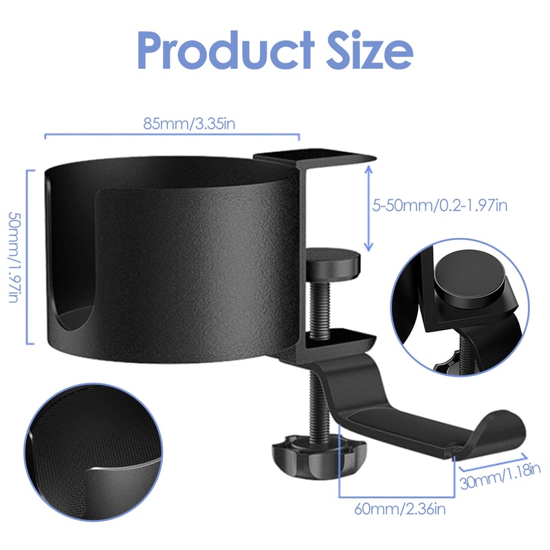 Desk Cup Holder with Headphone Hanger, Bottle Holder, Adjustable Arm Clamp, Headset Hook