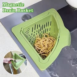 magnetic corner sink strainer, triangular draining basket for sink, twist-open bottom kitchen filter rack