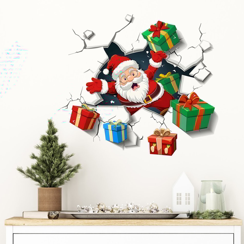 Christmas Wall Decoration Wallpaper, Wall Santa Claus With Gifts Visual Effect Stickers for Living Room