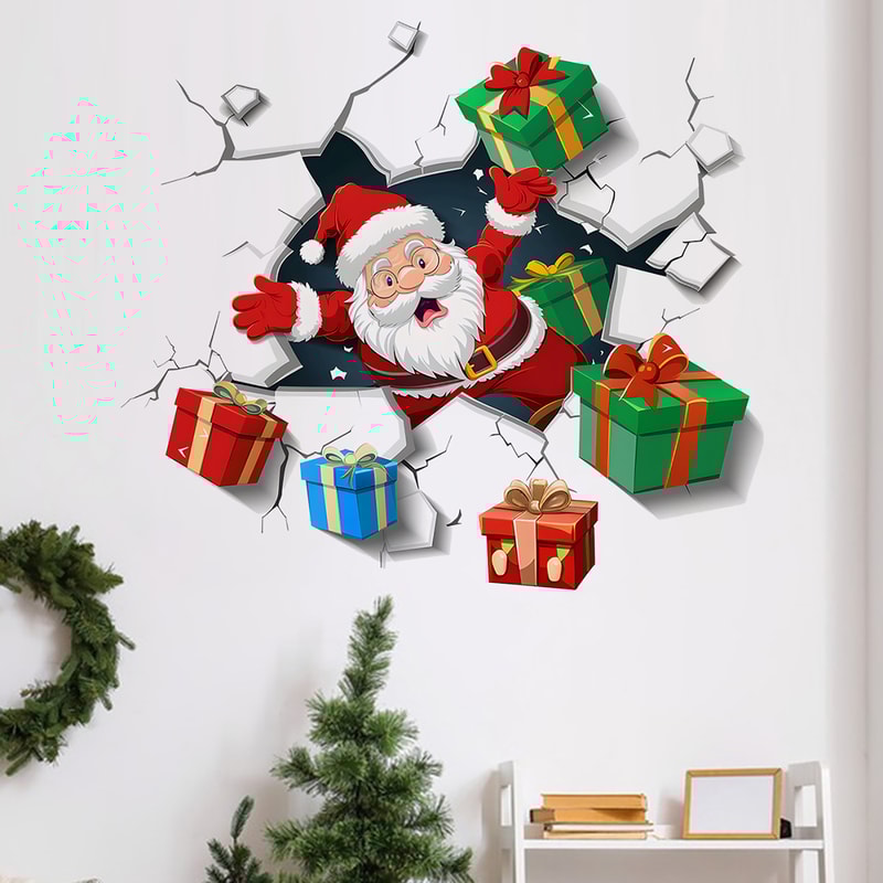 Christmas Wall Decoration Wallpaper, Wall Santa Claus With Gifts Visual Effect Stickers for Living Room