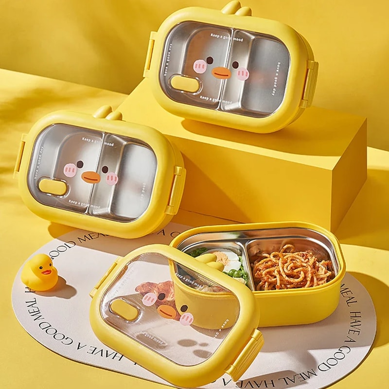 Portable Food Container, Kawaii Stainless Steel Bento Box for Kids with Double-Sided Clip Seal