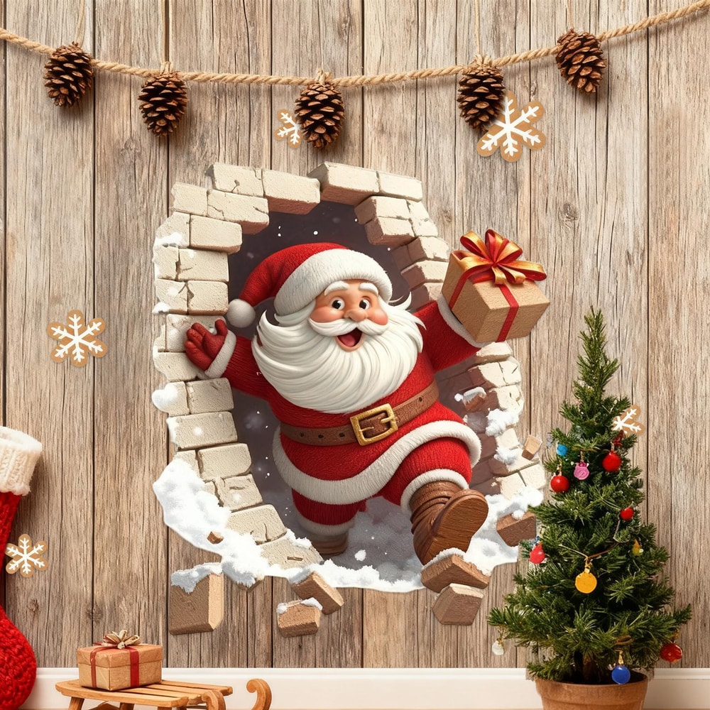 Santa Breaking Brick Wall Sticker, Santa Claus Wall Decal for Living Room, Christmas Decorations for Home Party