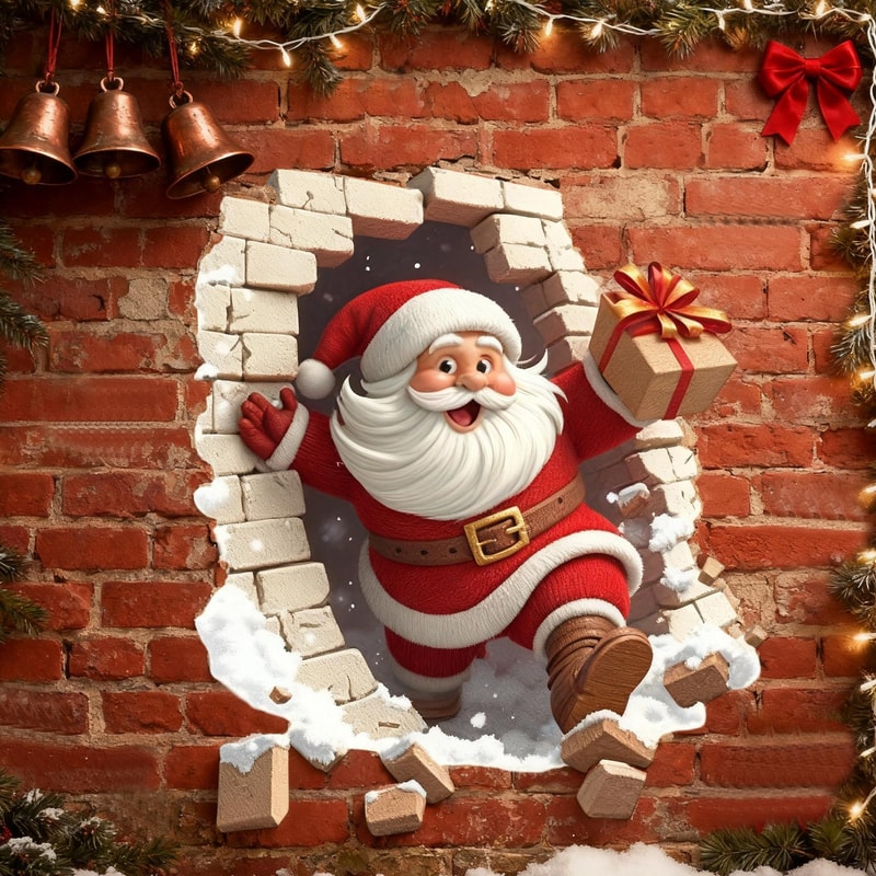 Santa Breaking Brick Wall Sticker, Santa Claus Wall Decal for Living Room, Christmas Decorations for Home Party