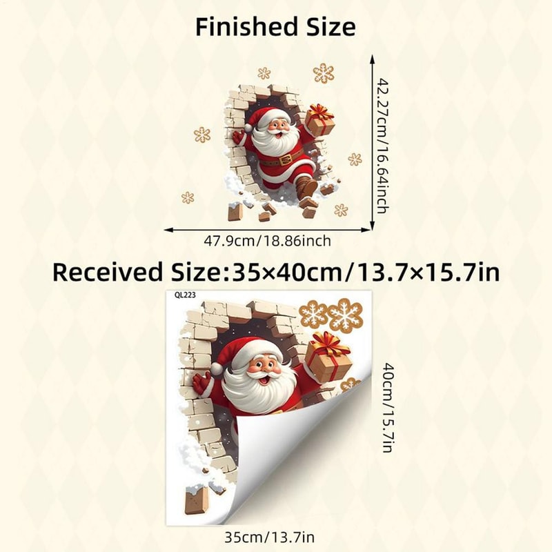 Santa Breaking Brick Wall Sticker, Santa Claus Wall Decal for Living Room, Christmas Decorations for Home Party