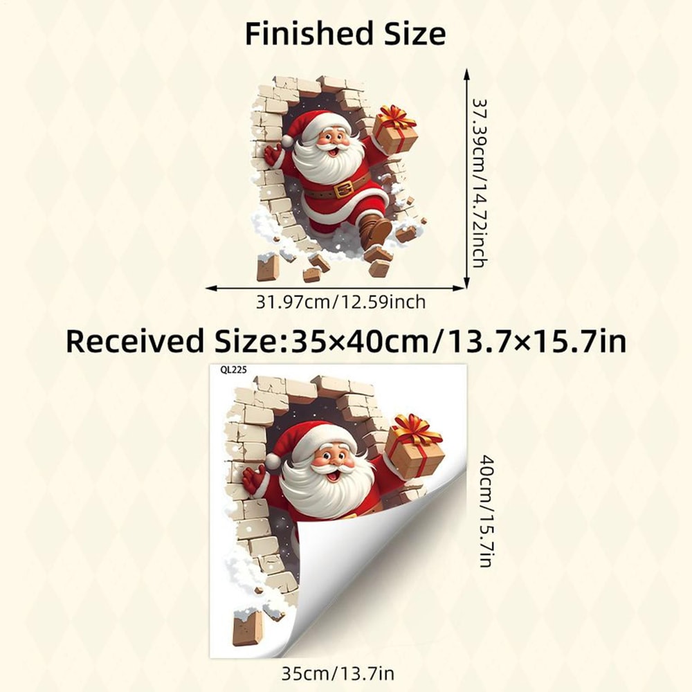 Santa Breaking Brick Wall Sticker, Santa Claus Wall Decal for Living Room, Christmas Decorations for Home Party