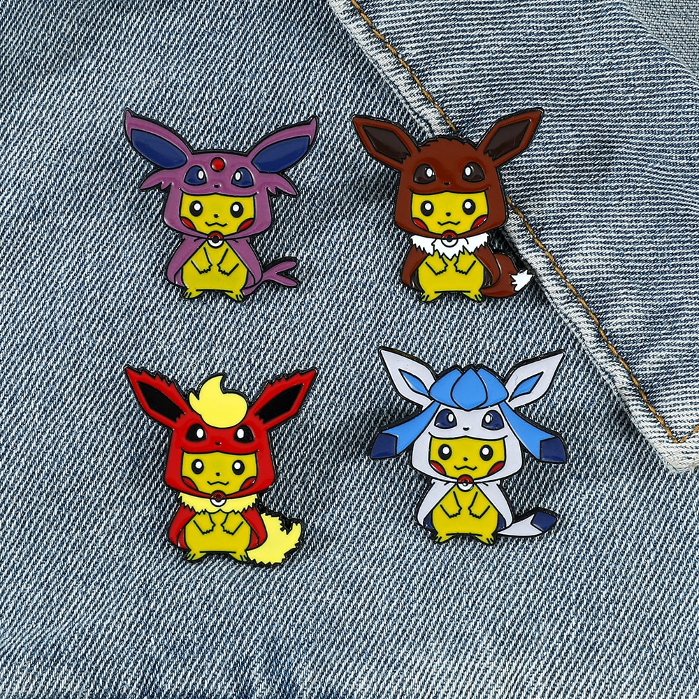 Set of Creative Pikachu Cos Eevee Enamel Pins, Metal Badge Backpack Accessories
