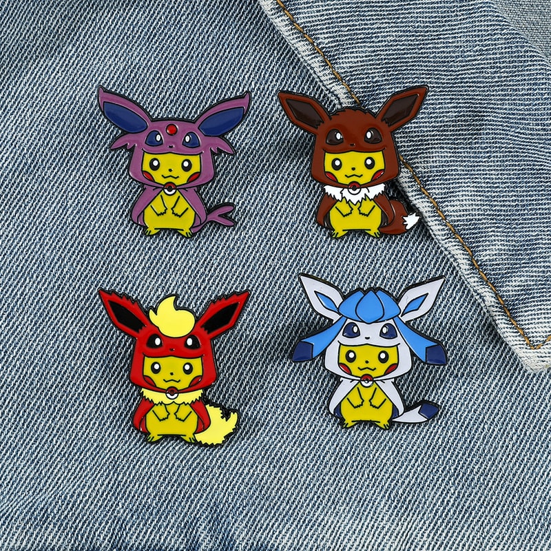 Set of Creative Pikachu Cos Eevee Enamel Pins, Metal Badge Backpack Accessories