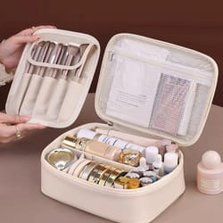 high-end pu leather makeup bag with multi-layer design, large capacity, waterproof and portable