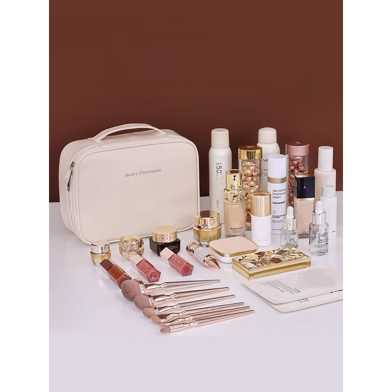 High-End PU Leather Makeup Bag with Multi-Layer Design, Large Capacity, Waterproof and Portable