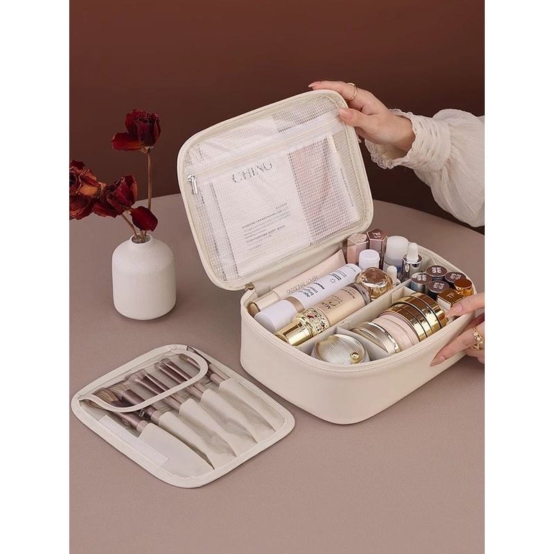 High-End PU Leather Makeup Bag with Multi-Layer Design, Large Capacity, Waterproof and Portable