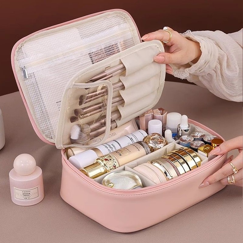 High-End PU Leather Makeup Bag with Multi-Layer Design, Large Capacity, Waterproof and Portable