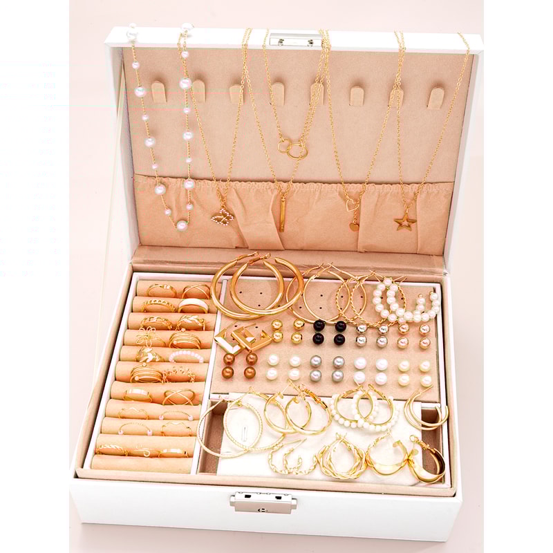 Earrings, Multi-Layered Necklace, Ear Studs Rings Jewelry Set for Women, Daily Wear Gift Set