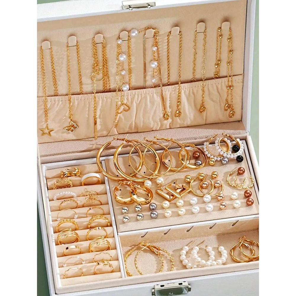 Earrings, Multi-Layered Necklace, Ear Studs Rings Jewelry Set for Women, Daily Wear Gift Set