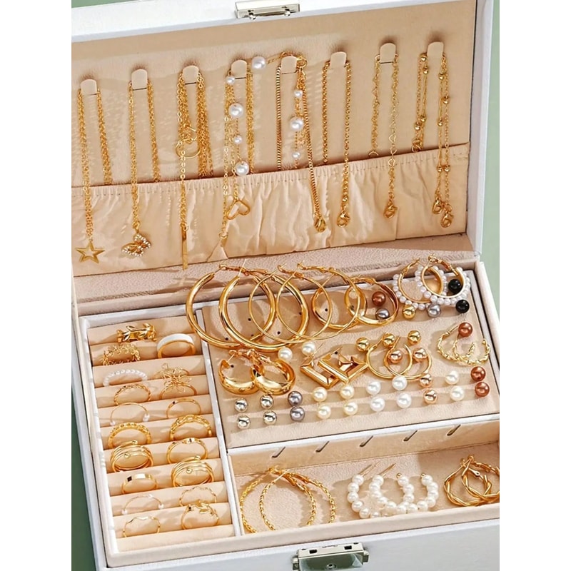 Earrings, Multi-Layered Necklace, Ear Studs Rings Jewelry Set for Women, Daily Wear Gift Set