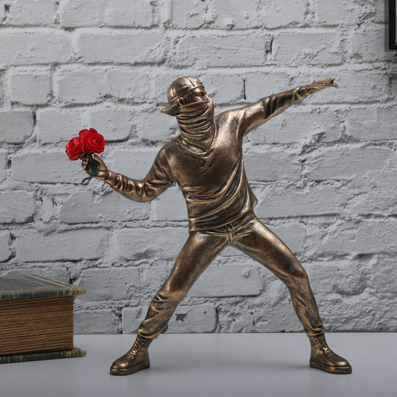 Flower Thrower Statue Bomber Banksy Sculptures, Collectible Figurine Desk Home Decoration