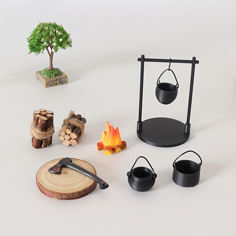 Decorative Mini Campfire and Teapot Statue, Desktop Photo Props for Christmas Gifts
