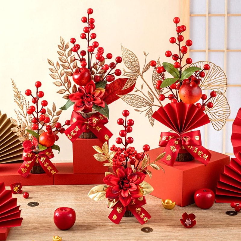 Get Rich Chinese Artificial Flowers Red Berry Branch Wedding Pots Tabletop Decoration 0