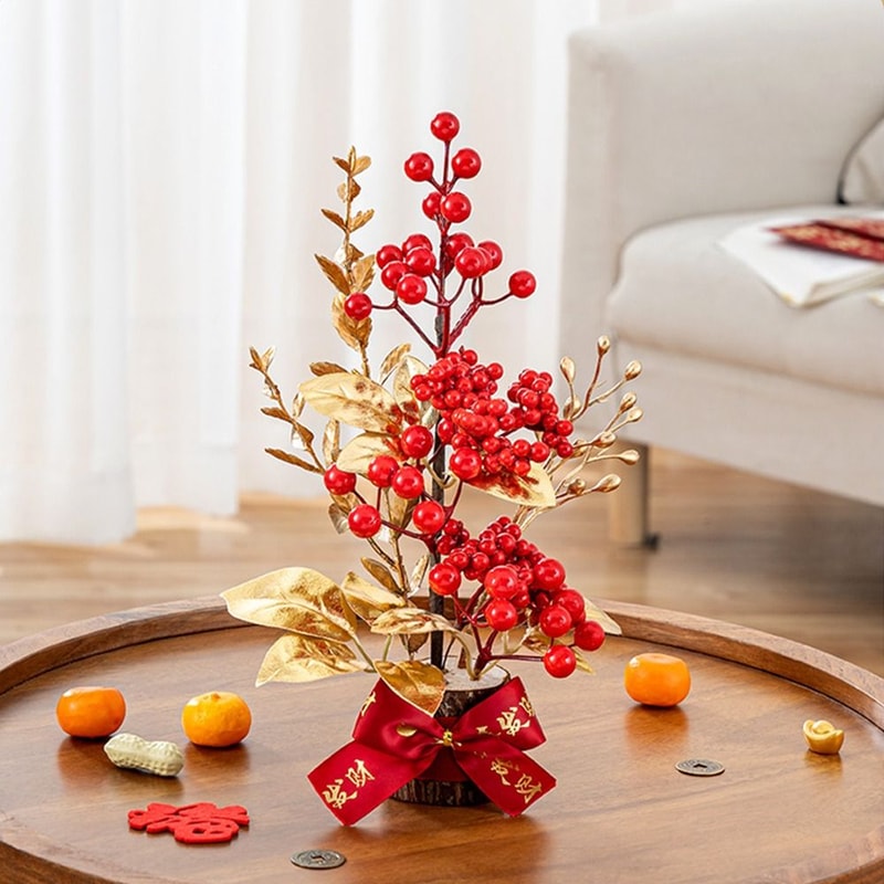 Get Rich Chinese Artificial Flowers Red Berry Branch Wedding Pots Tabletop Decoration 1