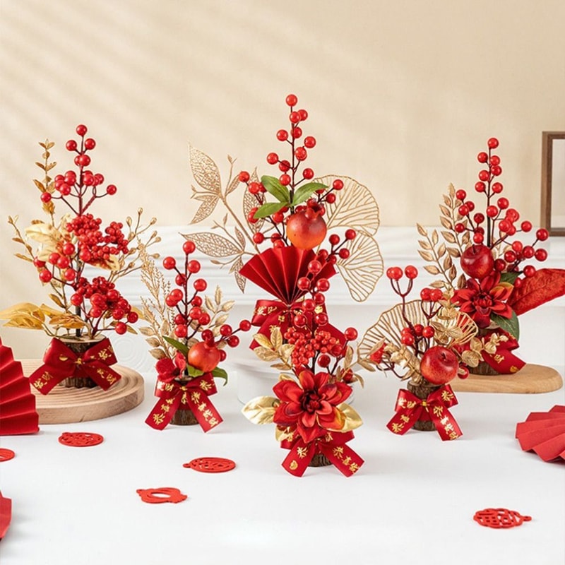 Get Rich Chinese Artificial Flowers Red Berry Branch Wedding Pots Tabletop Decoration 3