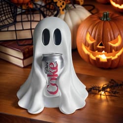 funny halloween ghost statue holding coke, cute shape ornament, home desktop holiday decoration for festive vibes