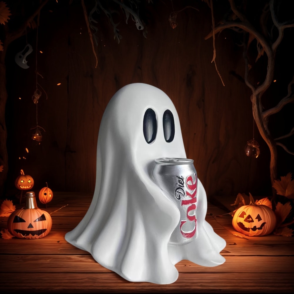 Funny Halloween Ghost Statue Holding Coke, Cute Shape Ornament, Home Desktop Holiday Decoration for Festive Vibes