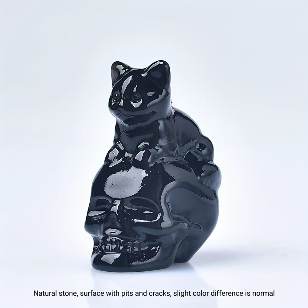 Natural Crystal Skull Cat Figurine, Hand-Carved for Halloween Decor & Gift Ideas