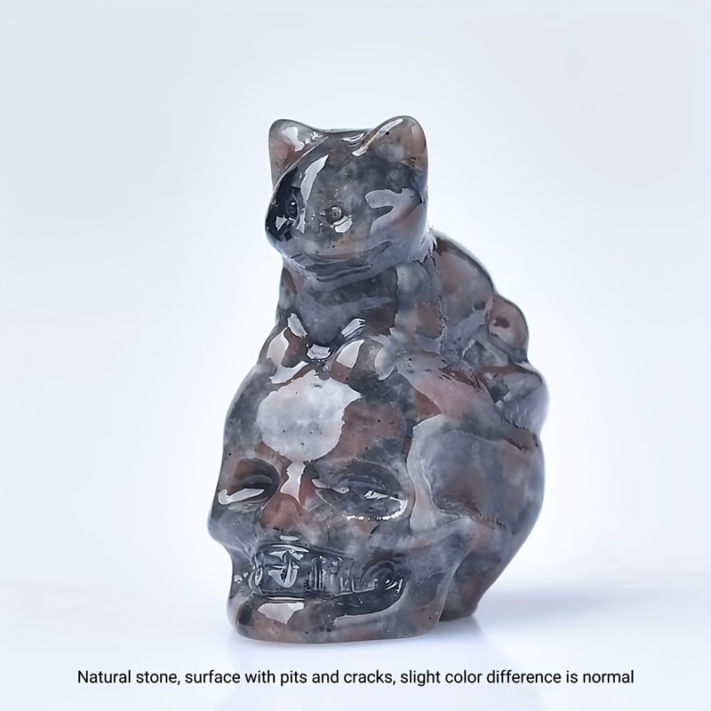 Natural Crystal Skull Cat Figurine, Hand-Carved for Halloween Decor & Gift Ideas
